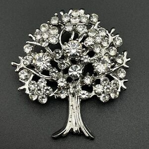 Silver with White Diamond Crystal Blooming Tree Pin Back Brooch